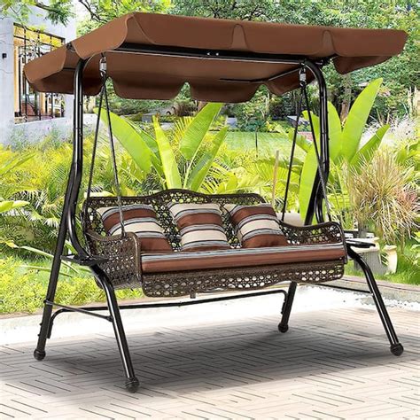 Aecojoy Brown 3 Person Wicker Outdoor Patio Swing With Cushion And