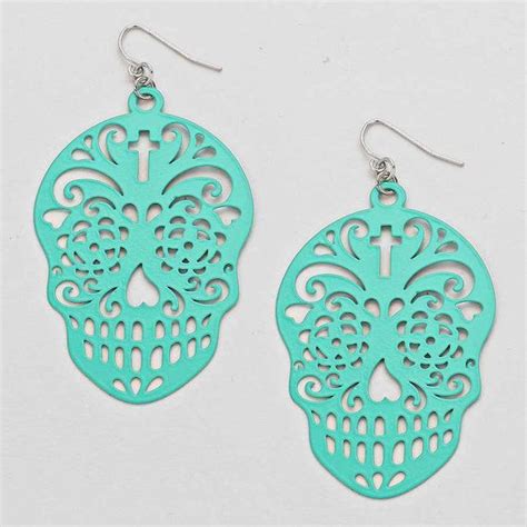 Turquoise Day Of The Dead Earrings Halloween Earrings Skull Etsy
