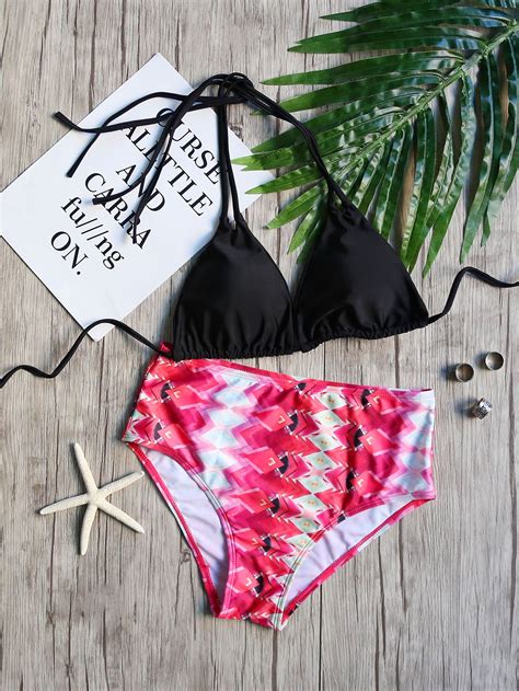 shop contrast geo print halter neck mixed and match bikini set online shein offers contrast geo