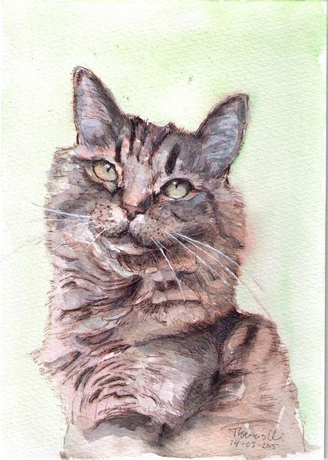 Commissioned Cat Portrait In Watercolor And Ballpoint Pen Cat Drawing
