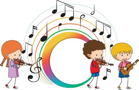 Children Playing Musical Instruments And Banner Music Notes Colourful