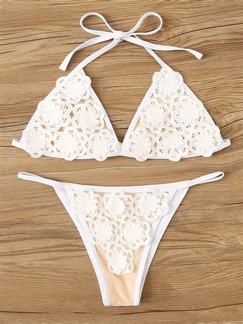 White Guipure Swimsuit Laced Trim Halter Top With Bikini Bottom In 2020