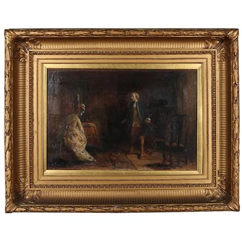 Antique English Oil On Canvas Painting Of Couple Colonial Interior