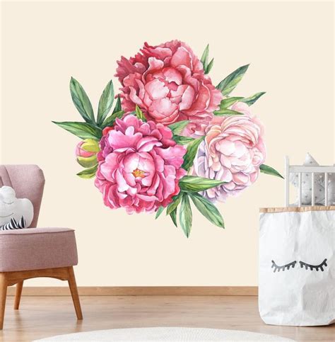 Watercolor Peony Decal Nursery Peony Flowers Wall Sticker Floral