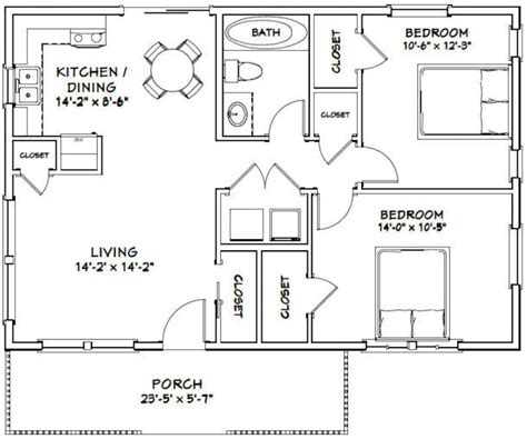 36x24 House 2 Bedroom 1 Bath 864 Sq Ft Pdf Floor Plan Etsy