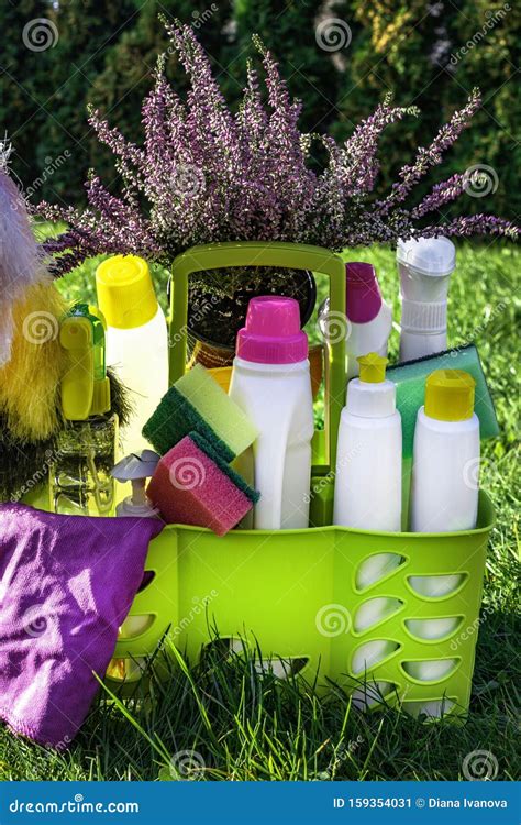 Cleaning Product On A Green Nature Background Side View Professional