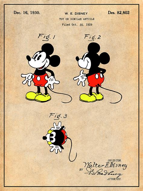 1930 Walt Disney Mickey Mouse Colorized Patent Print Patent Print Antique Paper Drawing By Greg