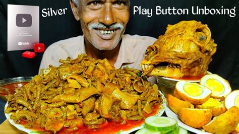 Asmr Eating Oily Mutton Boti Curry Big Goat Head Curry With Rice Silver Play Button