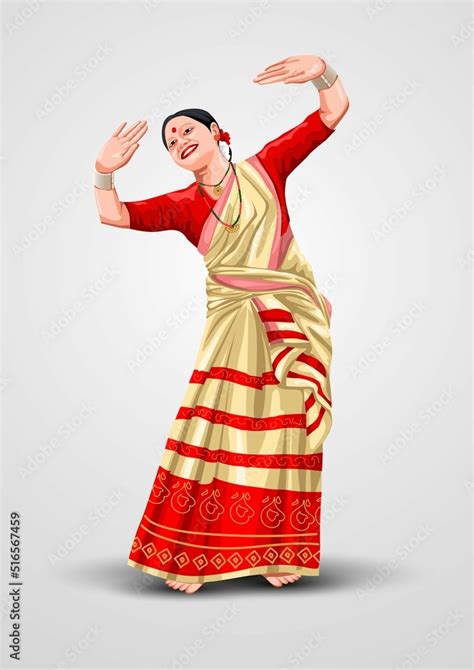 stockvector bihu indian traditional dress of assam with cultural bihu dance by assamese girl