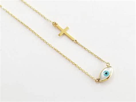 Evil Eye Necklace In Solid Gold K With Cross Gold Evil Eye And Cross