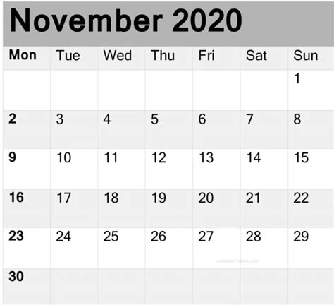 November 2020 Calendar Excel Pdf Word Template Calendar Word Excel
