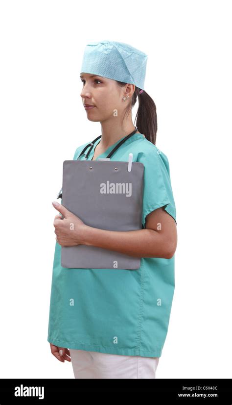 Nurse With Stethoscope And Notepad Isolated Against A White Background
