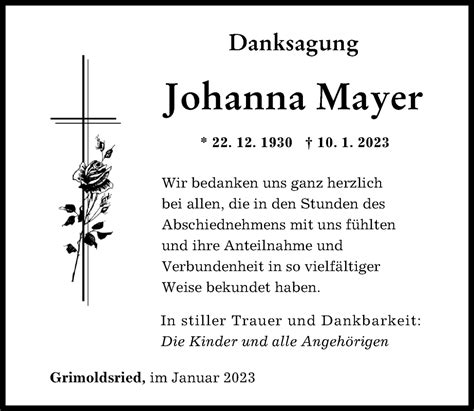 Traueranzeigen Von Johanna Mayer Augsburger Allgemeine Zeitung