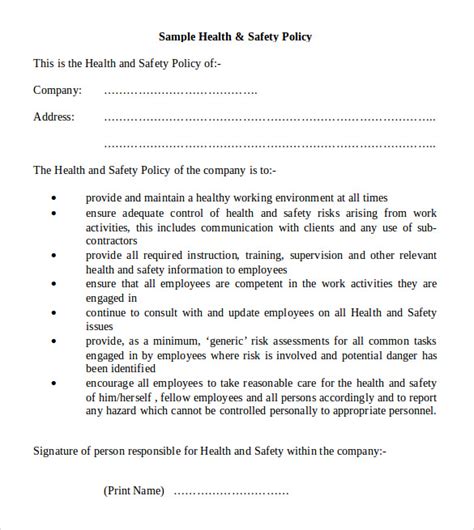 Health And Safety Policy Template Word