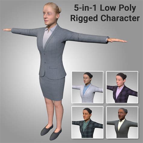 5 In 1 Low Poly Rigged Female Character Maya 3d Asset