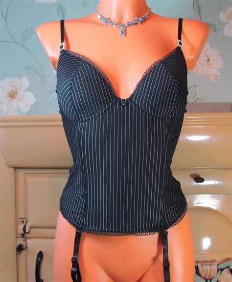 black pinstripe soft stretchy 4 boned suspender basque corset bustier 36b r11085 sangriasuzie