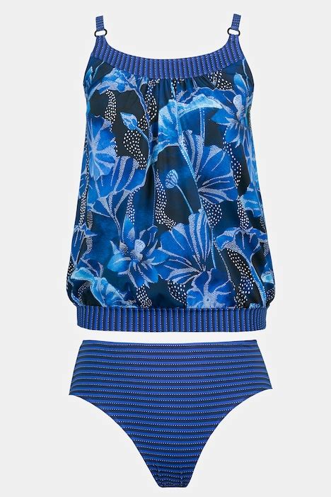 Dotted Stripe Floral Blouson Front Lined Tankini Set Bikinis