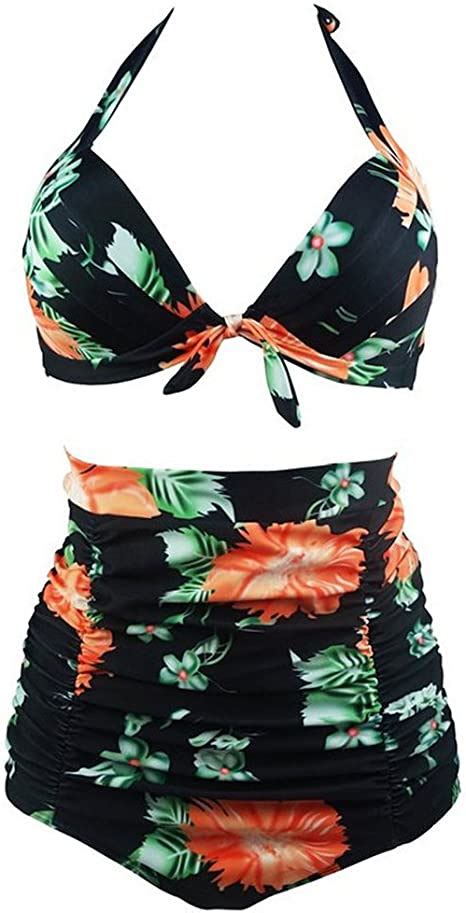 Arrowhunt Womens Retro 50s Floral Halter High Waist Bikini Set Black