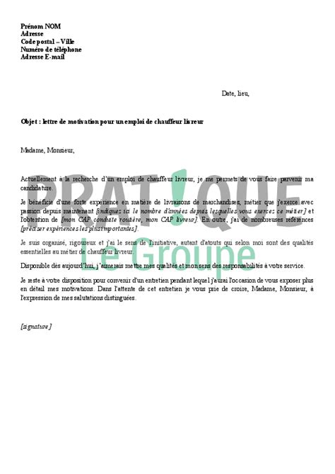 Lettre De Motivation Pour Un Emploi De Chauffeur Livreur Pratiquefr