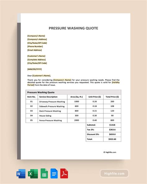 Free Pressure Washing Quote Template