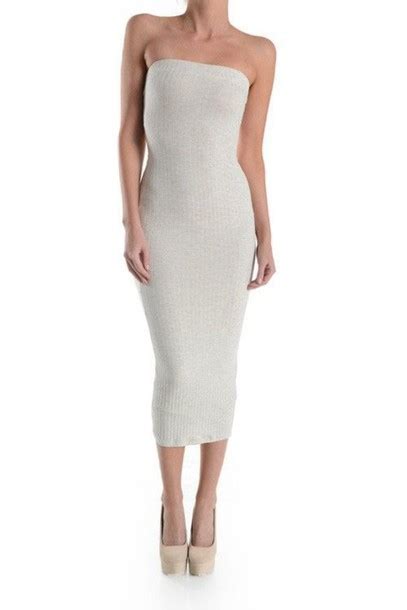 dress midi knit strapless bodycon white wheretoget