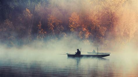 Nature Landscape Trees Water Lake Boat Mist Morning