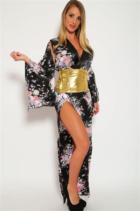 Black Floral Print Full Length Exotic Geisha 4 Piece Kimono Costume Women Of Edm