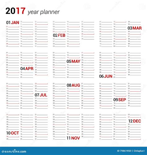 Yearly Wall Calendar Planner Template For 2017 Stock Vector