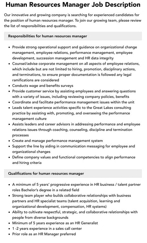 Human Resources Manager Job Description Velvet Jobs