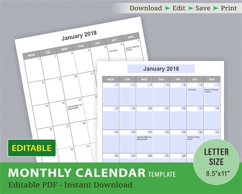 Editable Calendar Templates Editable Pdf Printable Calendar Etsy Canada