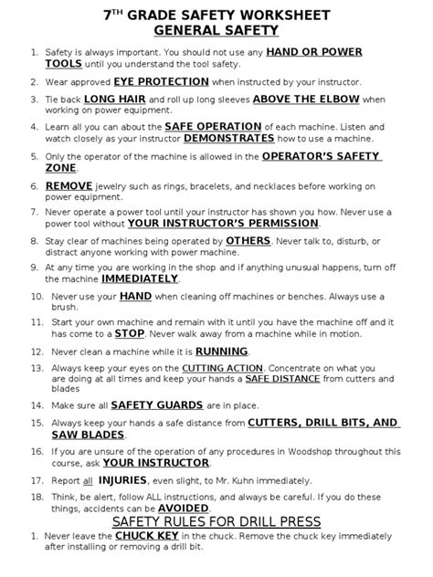 7th Grade Woodshop Safety Rules Worksheet Pdf Drill Tools