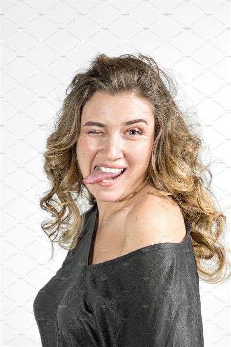 funny girl face sticks out tongue people images ~ creative market