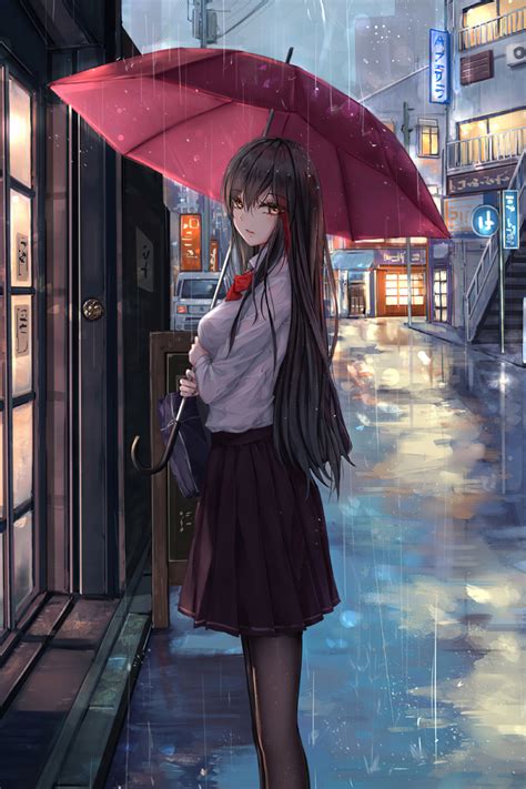 640x960 Anime Girl Rain Umbrella Looking At Viewer Iphone 4 Iphone 4s