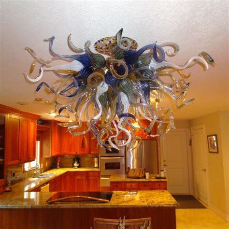 Hand Made Hand Blown Glass Chandelier Lighting Amber Blue White By
