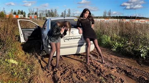 Car Stuck Girls Pedal Pumping Muddy High Heels Gianmarco Lorenzi In