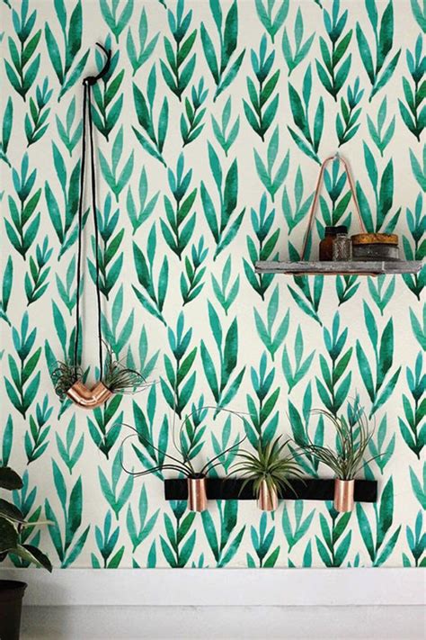 Green Watercolor Leaves Removable Wallpaper Self Adhesive Wallpaper