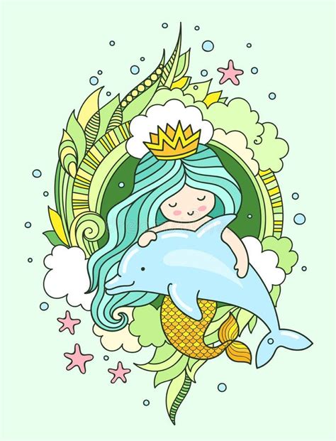 Little Mermaid Floating With Dolphin Siren Surrounded By Green