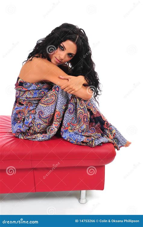 Woman Posing On Footstool Stock Photo Image Of Blue 14753266