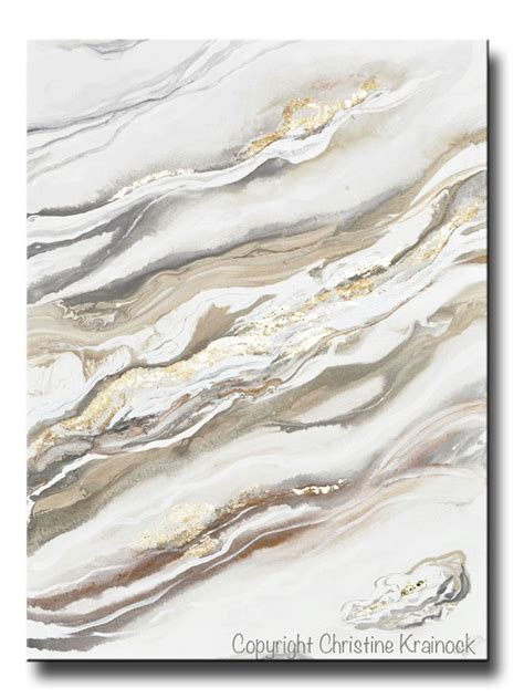 Original Art Neutral Abstract Painting White Grey Beige Gold Leaf Marb