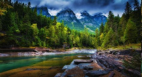 Hd Wallpaper Mountain Clouds Forest River Trees Spring Green Nature