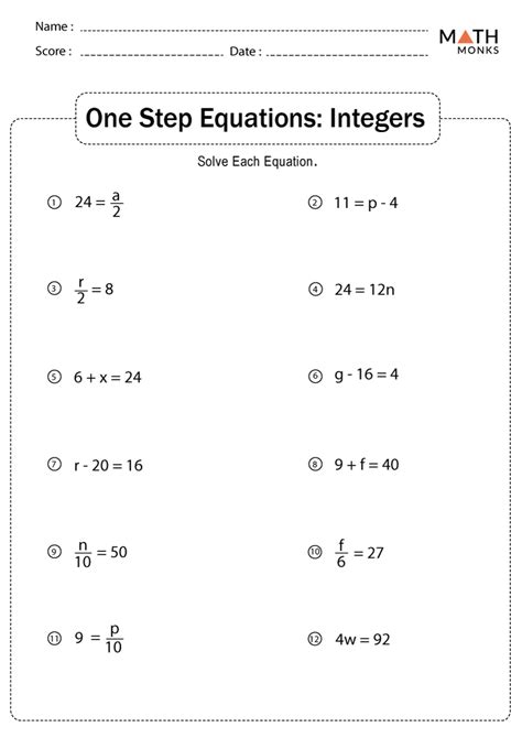 One Step Equations Whole Numbers Worksheet