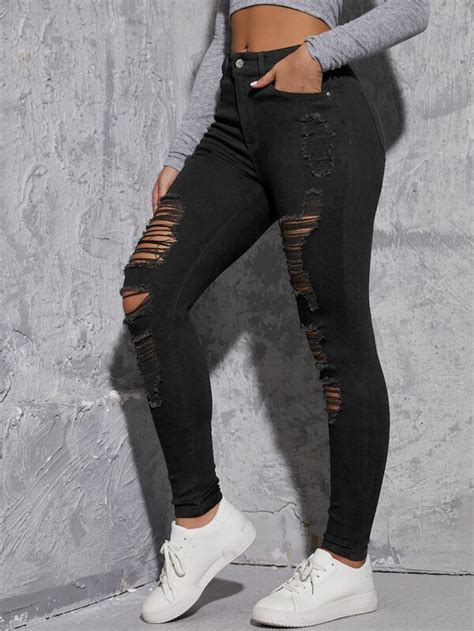 Shein Ezwear Solid Ripped Skinny Jeans Shein In