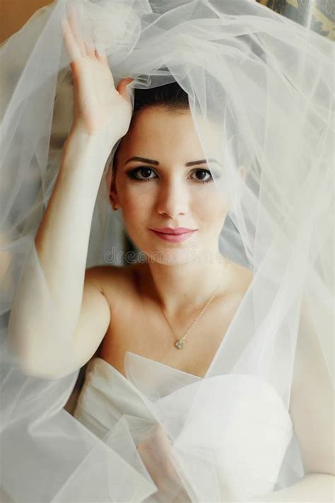 pretty brunette bride stands under a veil holding it with her ha stock image image of beauty