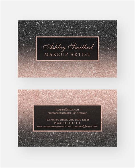 Modern Rose Gold Glitter Black Ombre Makeup Business Card