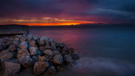 Wallpaper Sunlight Sunset Sea Bay Rock Shore Reflection Beach