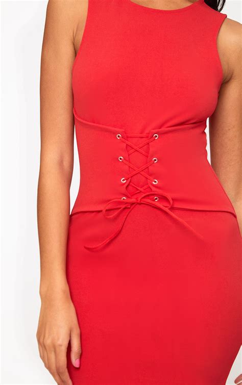 Red Corset Detail Midi Dress Dresses Prettylittlething
