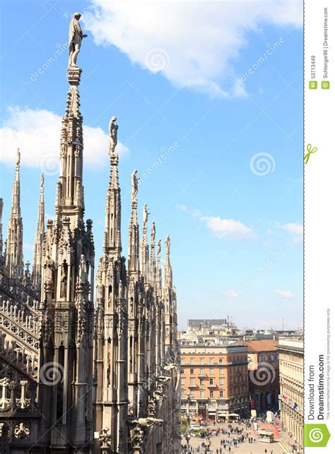 Statues On Milan Cathedral And Piazza Del Duomo Editorial Stock Image