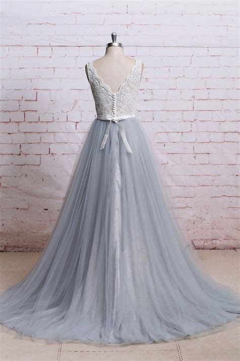 Gray V Neck Lace Tulle Long Prom Dress Tulle Evening Dress Dresstby