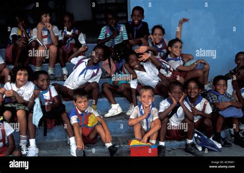 Whooping Cuban School Children Seated On Steps Matanzas Cuba Stock