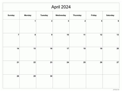 Blank Calendar 2024 Printable April 2024 Calendar Printable